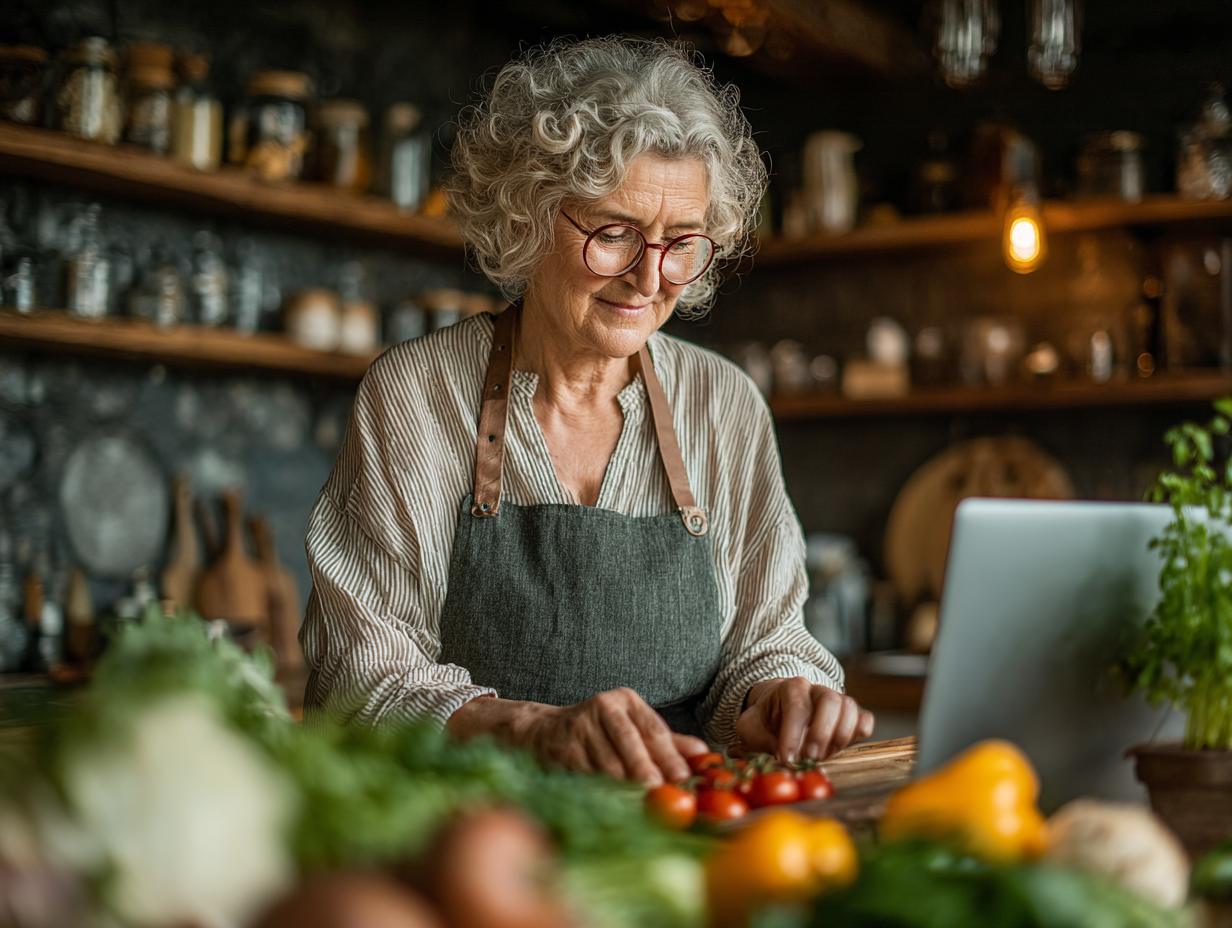 Älteres Paar beim gemeinsamen Kochen mit frischen Kräutern und Gemüse